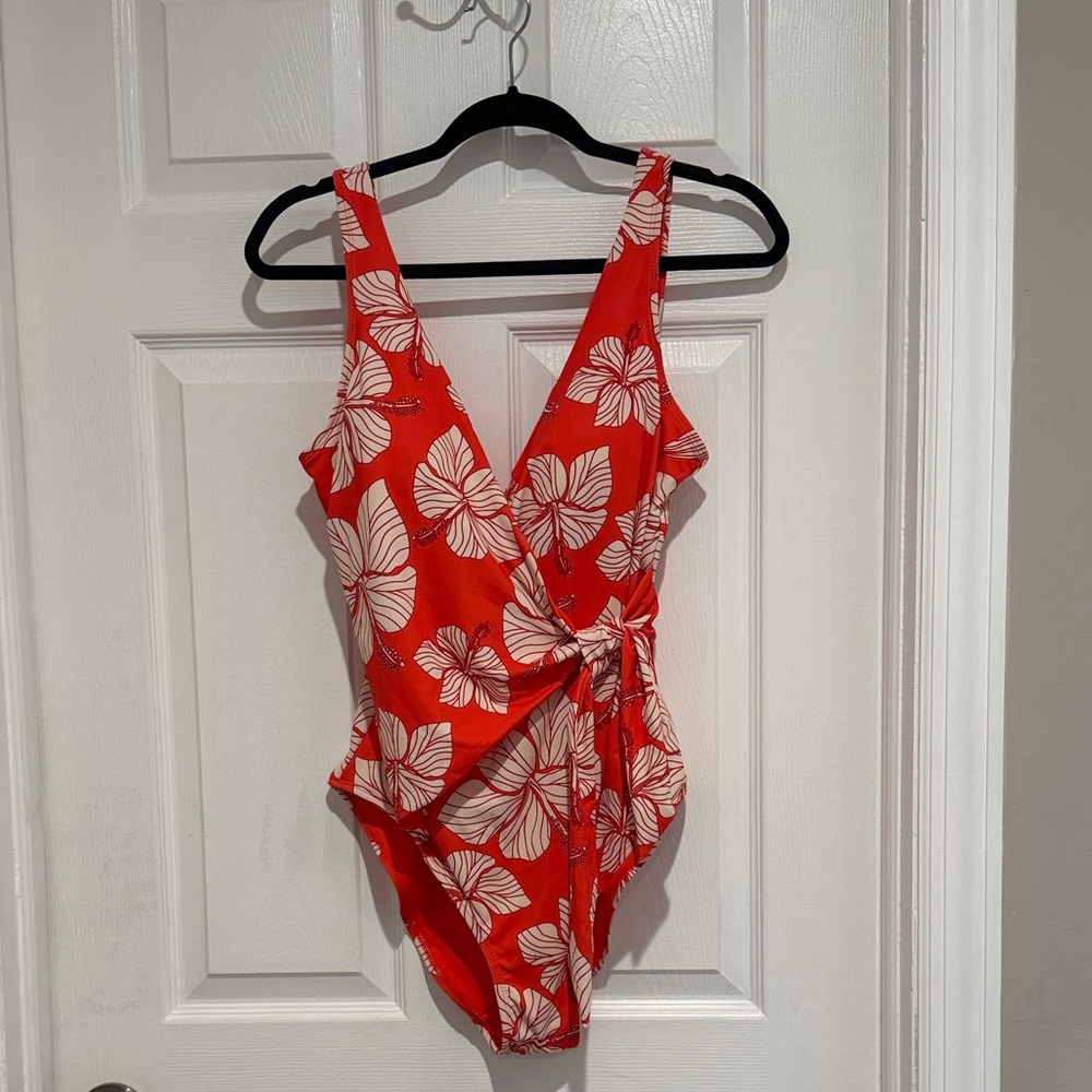 Coral Floral One-Piece Swimsuit with Wrap Tie